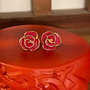 Vintage Enamel Red Rose Studs